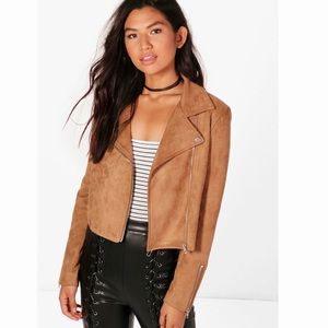 Boohoo faux suede biker jacket in tan/camel color